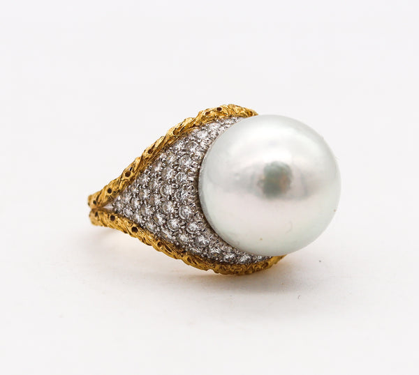 Buccellati Milan Cocktail Ring In 18Kt Gold With 1.20 Ctw Diamonds & 14.5 mm Pearl