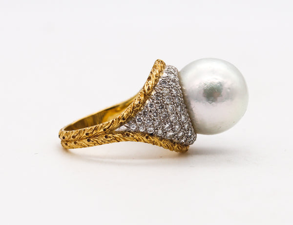 Buccellati Milan Cocktail Ring In 18Kt Gold With 1.20 Ctw Diamonds & 14.5 mm Pearl