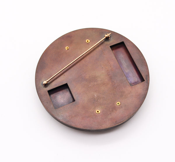 Thomas Gentille 1970 Geometric Round Brooch In 18kt Gold Frosted Lucite Bronze And Copper