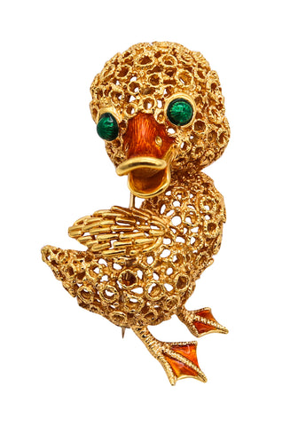 Kutchinsky 1968 London Enamelled Happy Duck Brooch In Solid 18Kt Yellow Gold