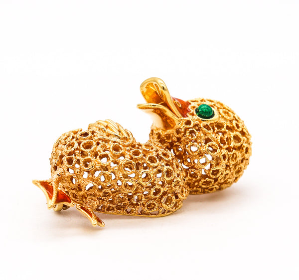 Kutchinsky 1968 London Enamelled Happy Duck Brooch In Solid 18Kt Yellow Gold