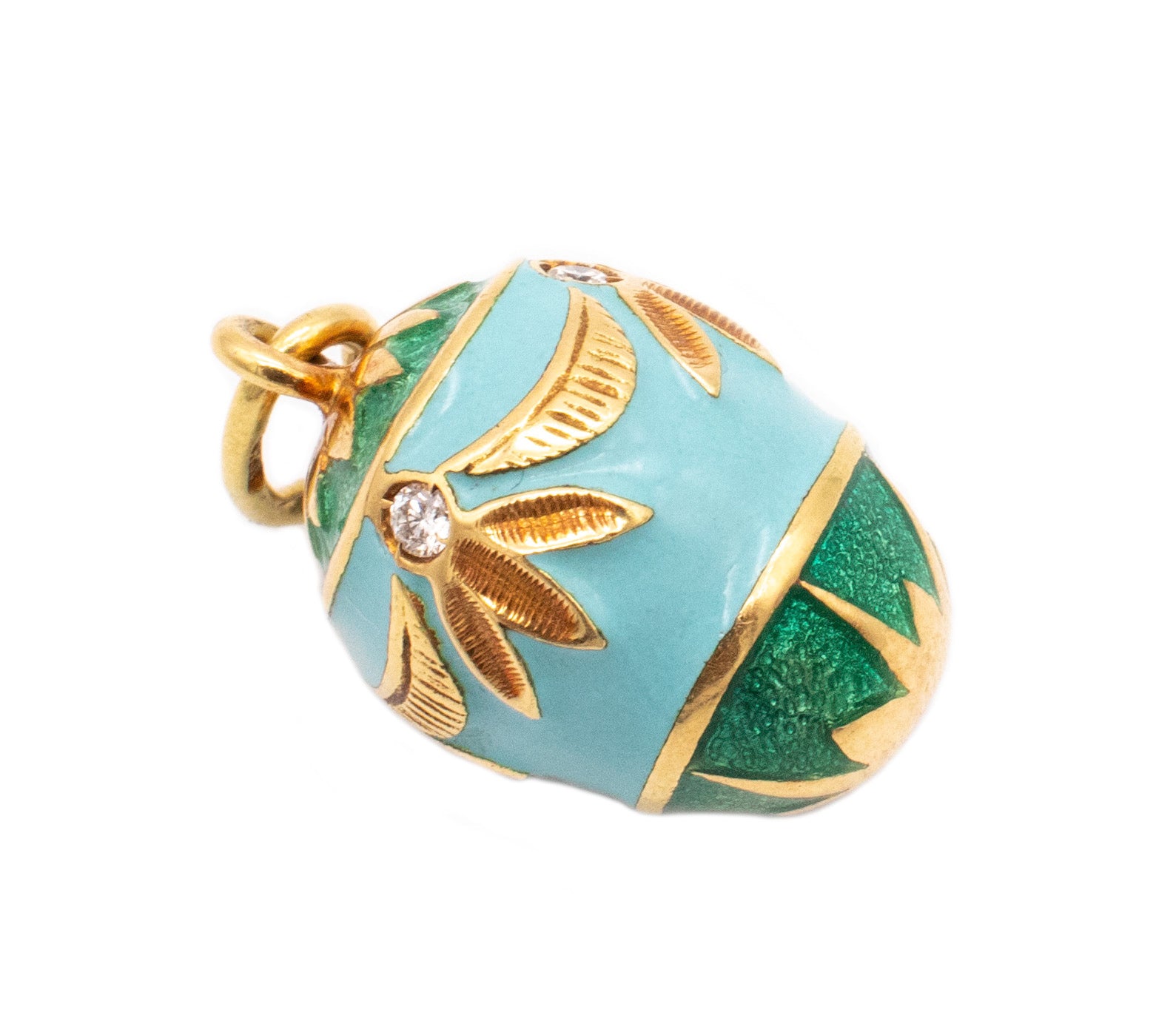 *Russian guilloche enameled Easter Egg pendant charm in 18 kt yellow gold with diamonds