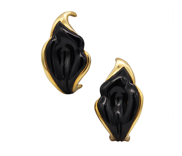 Tiffany Co 1970 Elsa Peretti Very Rare Black Jade Lilies Clip On Earrings In 18Kt Yellow Gold