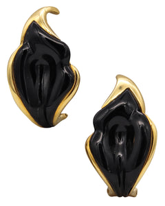 Tiffany Co 1970 Elsa Peretti Very Rare Black Jade Lilies Clip On Earrings In 18Kt Yellow Gold