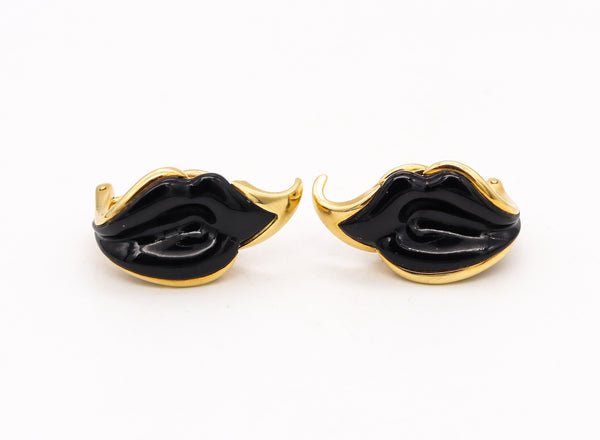 Tiffany Co 1970 Elsa Peretti Very Rare Black Jade Lilies Clip On Earrings In 18Kt Yellow Gold