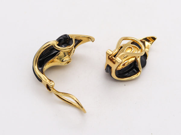 Tiffany Co 1970 Elsa Peretti Very Rare Black Jade Lilies Clip On Earrings In 18Kt Yellow Gold