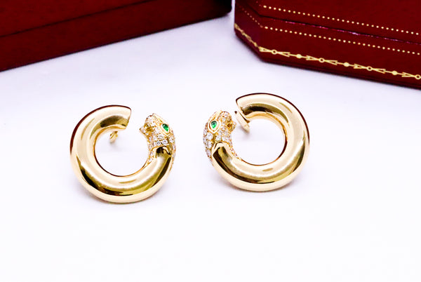 CARTIER PANTHERE 18 KT YELLOW GOLD DIAMONDS & EMERALDS EAR CLIPS EARRINGS