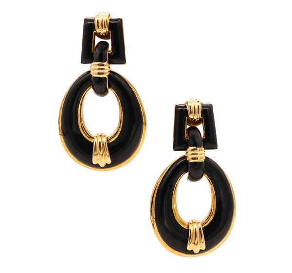 David Webb 1960 Classic Door Knockers Drop Earrings In 18Kt Gold With Black Enamel