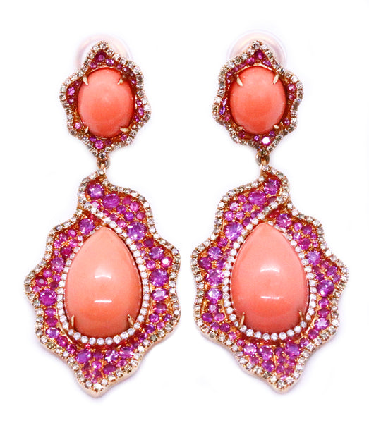 ASCOLI PICENO CORAL DROPS 18 KT EARRINGS WITH 10.56 Cts DIAMONDS & RUBIES
