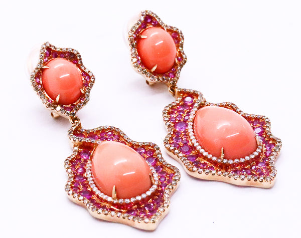 ASCOLI PICENO CORAL DROPS 18 KT EARRINGS WITH 10.56 Cts DIAMONDS & RUBIES