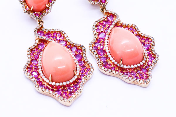 ASCOLI PICENO CORAL DROPS 18 KT EARRINGS WITH 10.56 Cts DIAMONDS & RUBIES