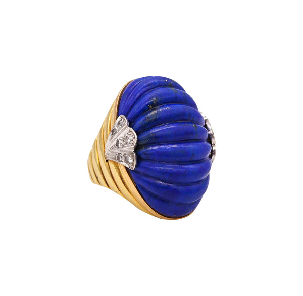 *French 1960 Cocktail Ring in 18Kt Gold & Platinum With 39.73 Ctw Lapis Lazuli & Diamonds