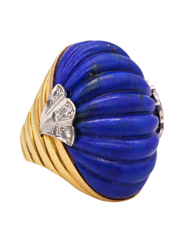*French 1960 Cocktail Ring in 18Kt Gold & Platinum With 39.73 Ctw Lapis Lazuli & Diamonds