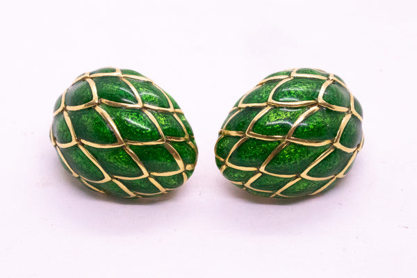 David Webb 1970 New York Green Enameled Quilted Clip Earrings In Solid 18Kt Yellow Gold
