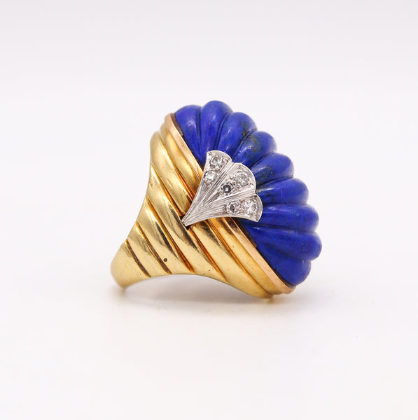 *French 1960 Cocktail Ring in 18Kt Gold & Platinum With 39.73 Ctw Lapis Lazuli & Diamonds