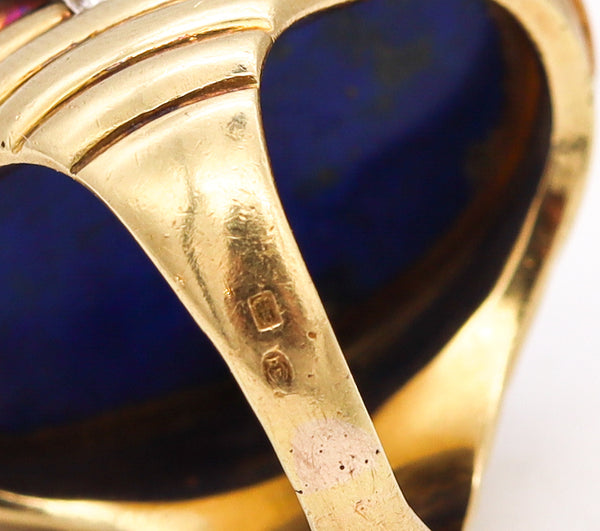 *French 1960 Cocktail Ring in 18Kt Gold & Platinum With 39.73 Ctw Lapis Lazuli & Diamonds