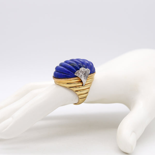 *French 1960 Cocktail Ring in 18Kt Gold & Platinum With 39.73 Ctw Lapis Lazuli & Diamonds