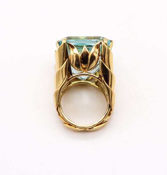 French 1937 Art Deco Retro Statement Cocktail Ring In 18Kt Gold With 39.85 Cts Aquamarine