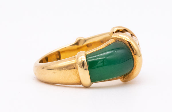 HERMES 1970 PARIS RARE 18 KT GOLD RING WITH CHRYSOPRASE & BLUE CHALCEDONY