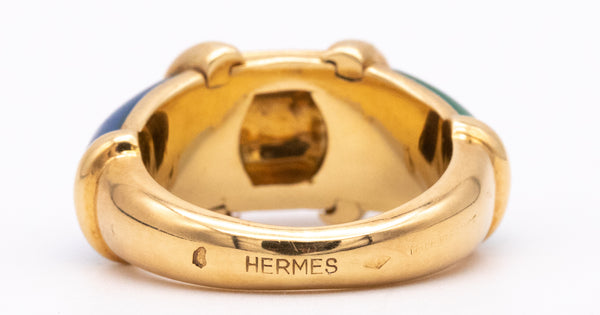 HERMES 1970 PARIS RARE 18 KT GOLD RING WITH CHRYSOPRASE & BLUE CHALCEDONY