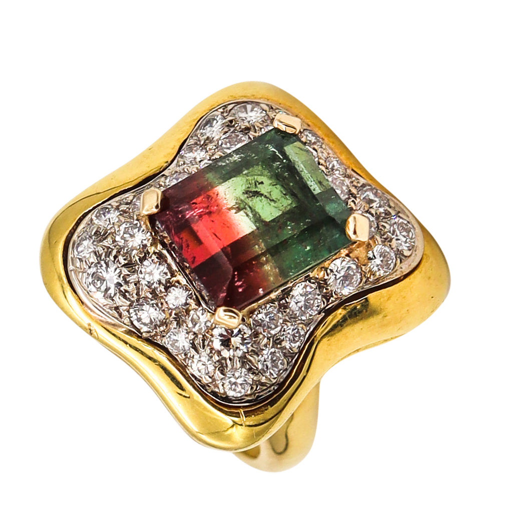 Modernist 1970 Brazil AK Atelier Cocktail Ring In 18Kt Gold With 7.13 Ctw Tourmaline And Diamonds