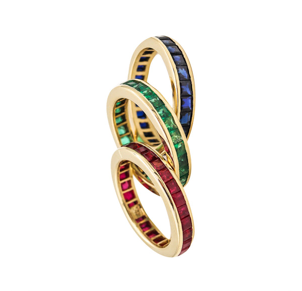 Eternity Trio Of Rings Bands In 14 Kt Gold With 6.90 Ctw In Sapphires Emeralds And Rubies