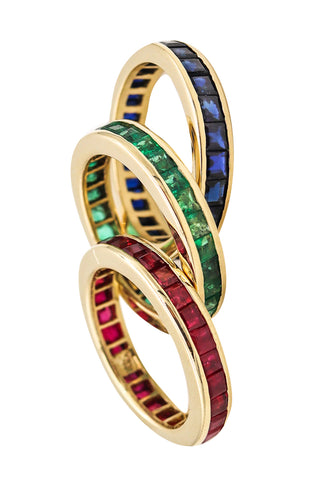 Eternity Trio Of Rings Bands In 14 Kt Gold With 6.90 Ctw In Sapphires Emeralds And Rubies