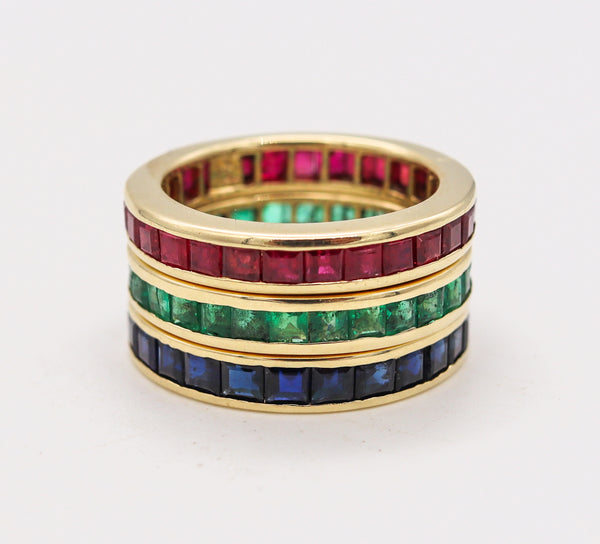 Eternity Trio Of Rings Bands In 14 Kt Gold With 6.90 Ctw In Sapphires Emeralds And Rubies