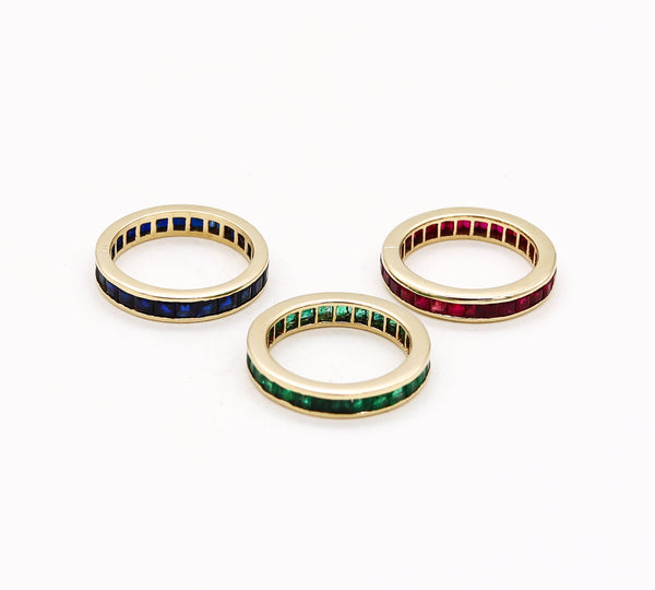 Eternity Trio Of Rings Bands In 14 Kt Gold With 6.90 Ctw In Sapphires Emeralds And Rubies