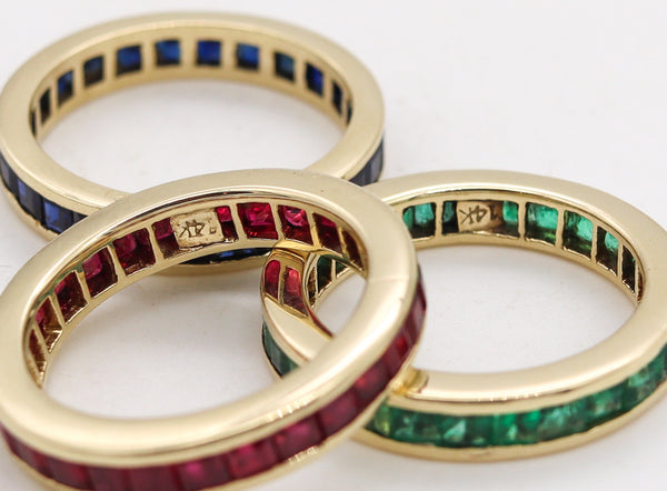 Eternity Trio Of Rings Bands In 14 Kt Gold With 6.90 Ctw In Sapphires Emeralds And Rubies