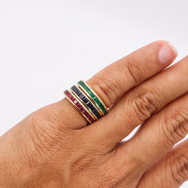 Eternity Trio Of Rings Bands In 14 Kt Gold With 6.90 Ctw In Sapphires Emeralds And Rubies