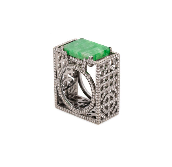 *Dickson Yewn geometric ring in 18 kt white gold with 12.33 Ctw in diamonds & jadeite