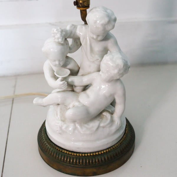 Mansard Paris France 1880 Bronze Ormolu Lamp With Three Cherubins In Porcelain