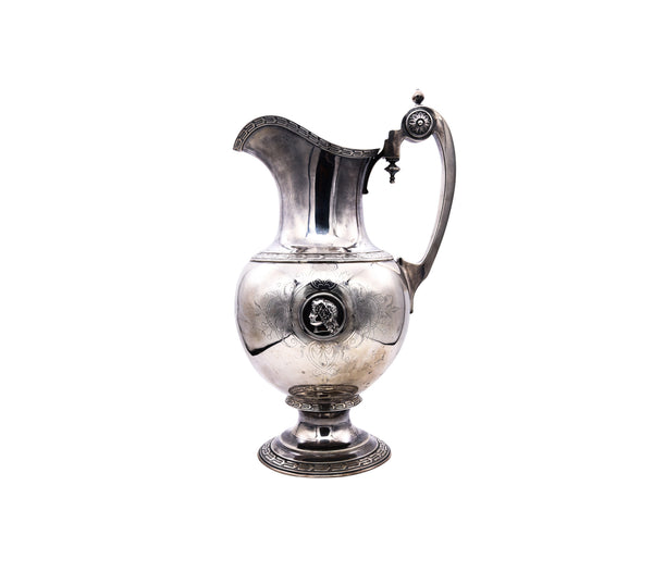 William Gale  Son 1856 New York Rare Etruscan Medallion Wine Pitcher Ewer In Sterling Silver