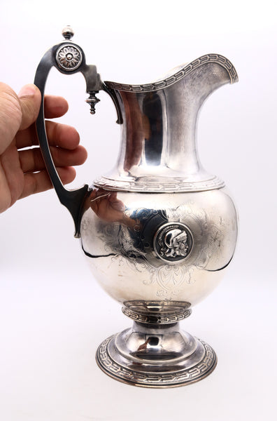 William Gale  Son 1856 New York Rare Etruscan Medallion Wine Pitcher Ewer In Sterling Silver