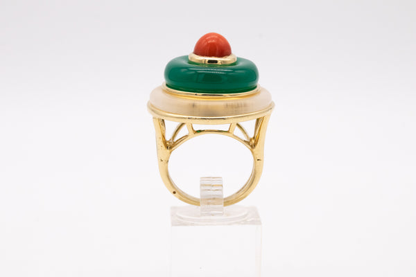 *Tiffany & Co 1973 Donald Claflin 18 kt ring with chrysoprase rock crystal and coral