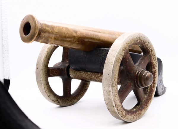 -Navy Signal Cannon 18th /19th Century European Brass Barrel And Wood Carriage