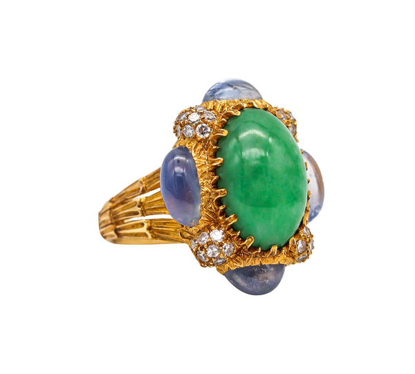 Buccellati 1970 Milano Jadeite Ring in 18 Kt Gold With 10.32 Ctw In Sapphires And Diamonds