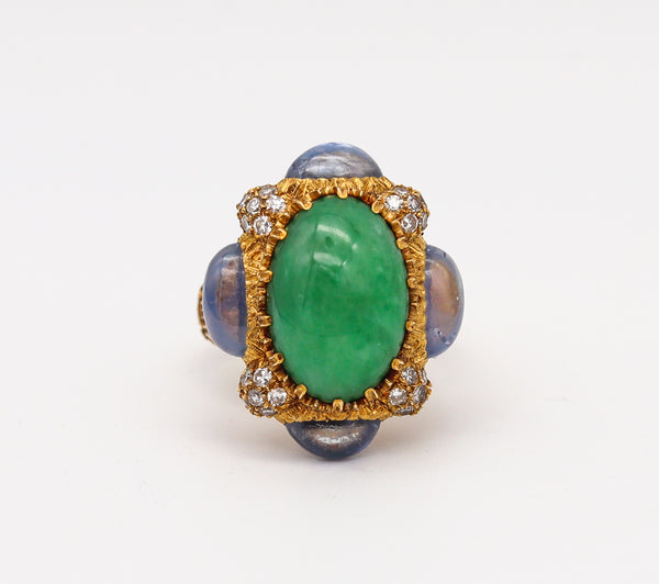 Buccellati 1970 Milano Jadeite Ring in 18 Kt Gold With 10.32 Ctw In Sapphires And Diamonds