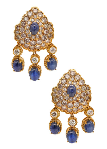 Tadini Gia Certified Cluster Dangle Earrings In 18Kt Yellow Gold With 23.84 Ctw In Diamonds & Sapphires