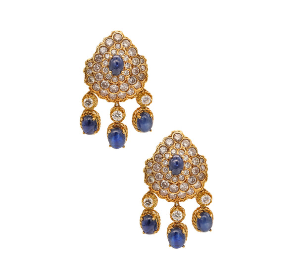 Tadini Gia Certified Cluster Dangle Earrings In 18Kt Yellow Gold With 23.84 Ctw In Diamonds & Sapphires