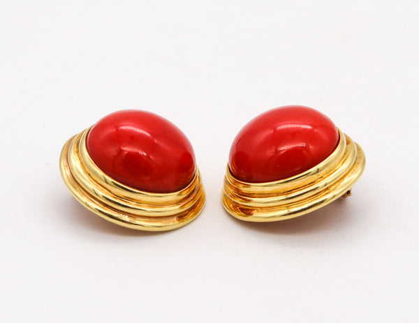 Cellino 1970 Italy Massive Earrings In 18Kt Yellow Gold With 70.2 Ctw Sardinian Red Coral