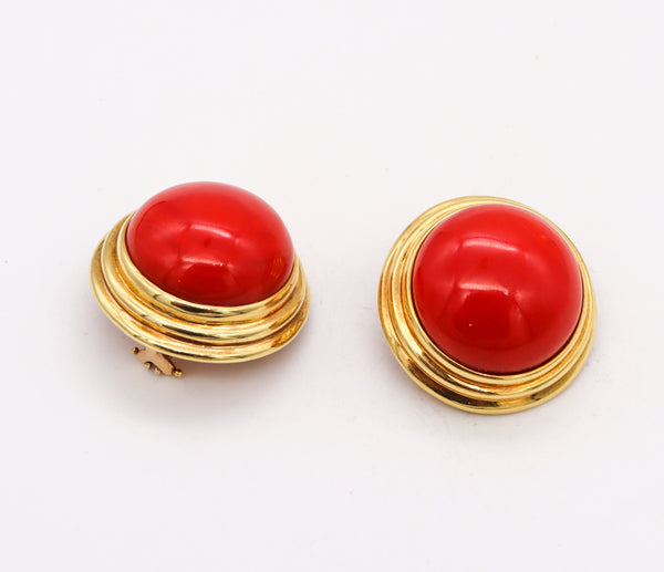 Cellino 1970 Italy Massive Earrings In 18Kt Yellow Gold With 70.2 Ctw Sardinian Red Coral