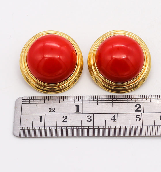 Cellino 1970 Italy Massive Earrings In 18Kt Yellow Gold With 70.2 Ctw Sardinian Red Coral