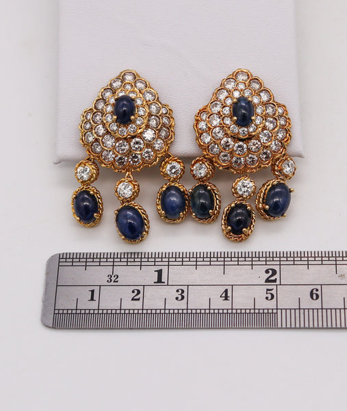 Tadini Gia Certified Cluster Dangle Earrings In 18Kt Yellow Gold With 23.84 Ctw In Diamonds & Sapphires