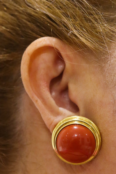 Cellino 1970 Italy Massive Earrings In 18Kt Yellow Gold With 70.2 Ctw Sardinian Red Coral