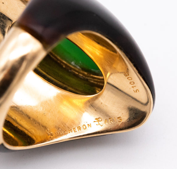Boucheron 1960 Paris Rare Cocktail Ring In 18Kt Yellow Gold With Chrysoprase & Brown Carving