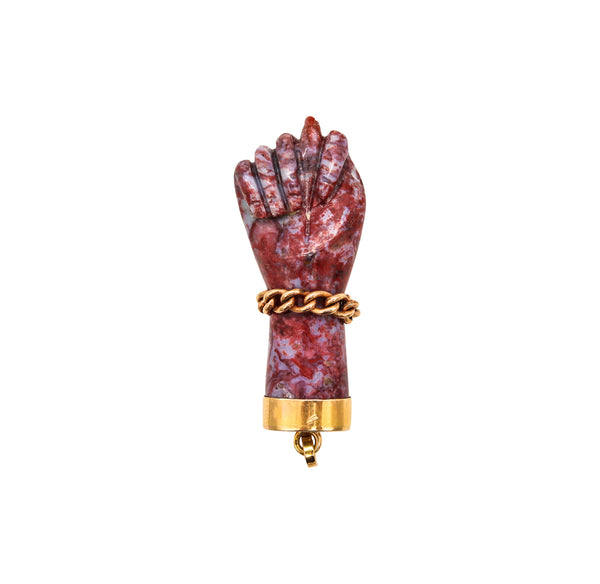 Italian Figa Hand Pendant-Charm Carved In Reddish Agatha With 18Kt Yellow Gold Mount