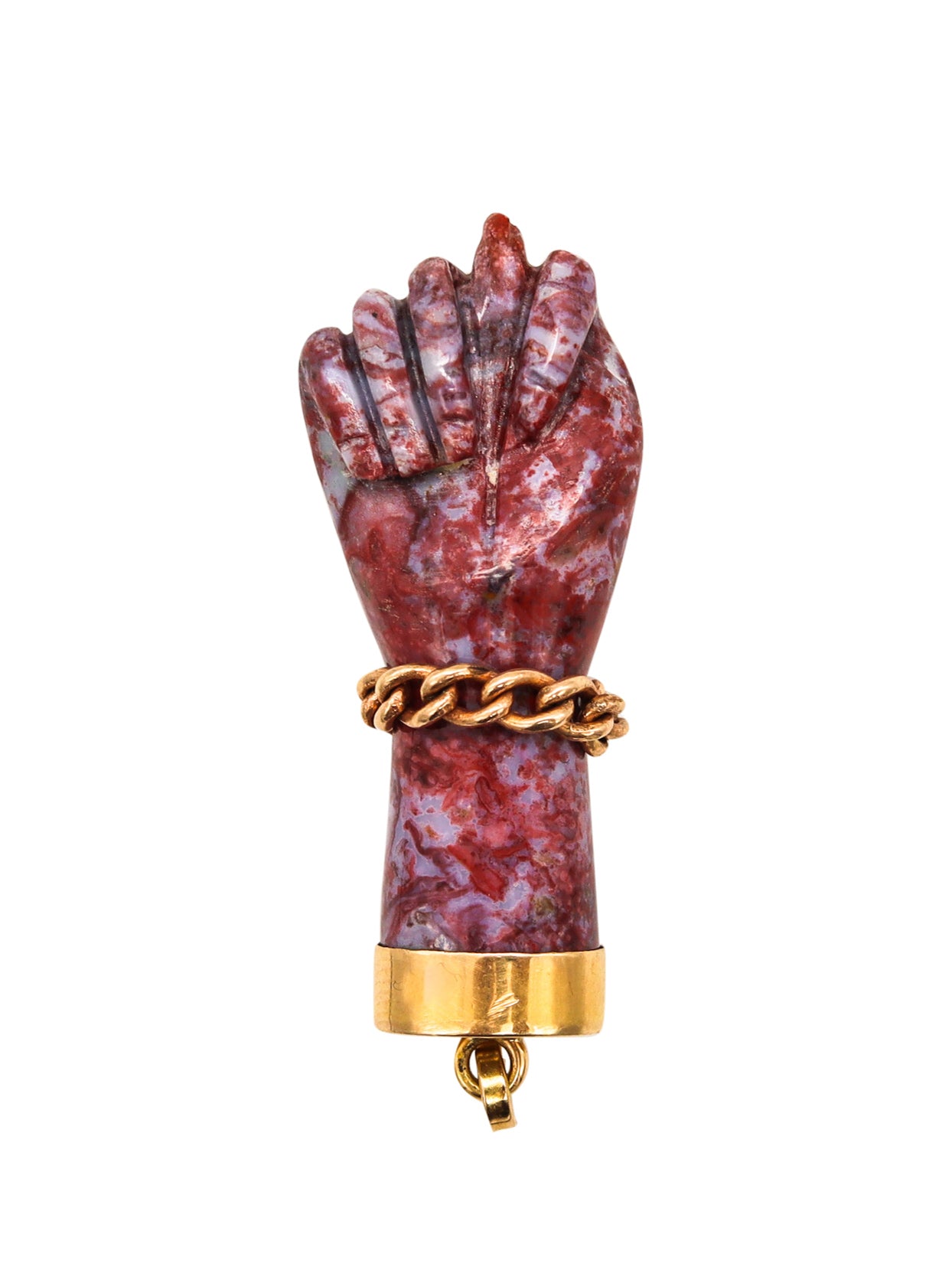 Italian Figa Hand Pendant-Charm Carved In Reddish Agatha With 18Kt Yellow Gold Mount