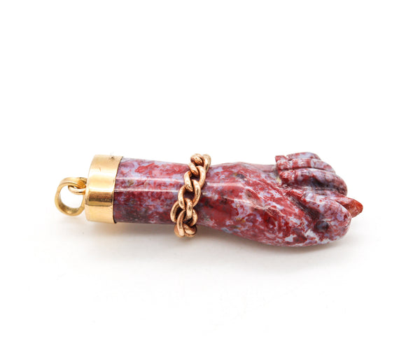 Italian Figa Hand Pendant-Charm Carved In Reddish Agatha With 18Kt Yellow Gold Mount